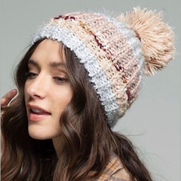 Multi Color Soft Plush Winter Beanie with Pom Pom - Blush Pink, Blue and Ivory - Picture 3 of 5